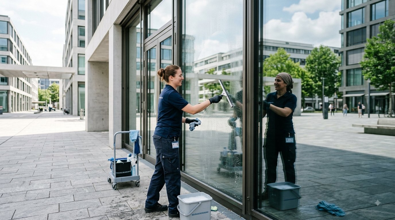 Team bei der Fensterreinigung
