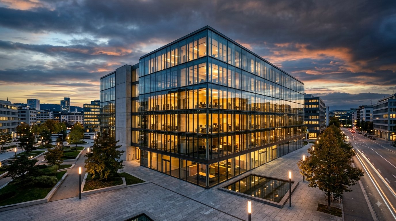 Modernes Bürogebäude in der Abenddämmerung